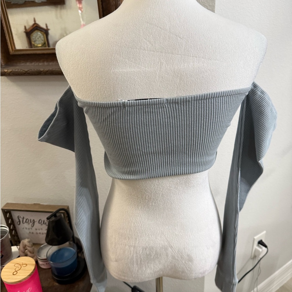 By Egreis - Off-Shoulder Ribbed Button-Up Top - Blue - Picture 3 of 6